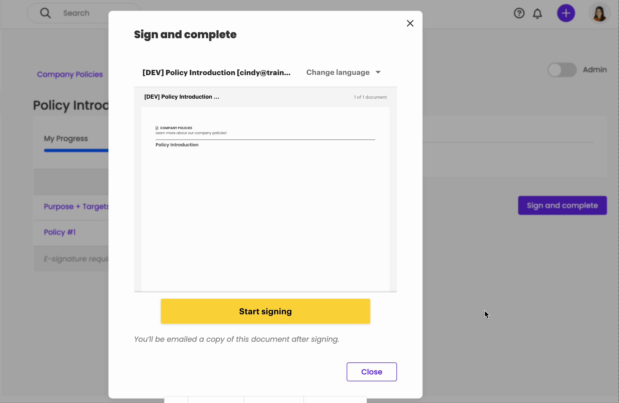 A screenshot of the Trainual e-signature feature.