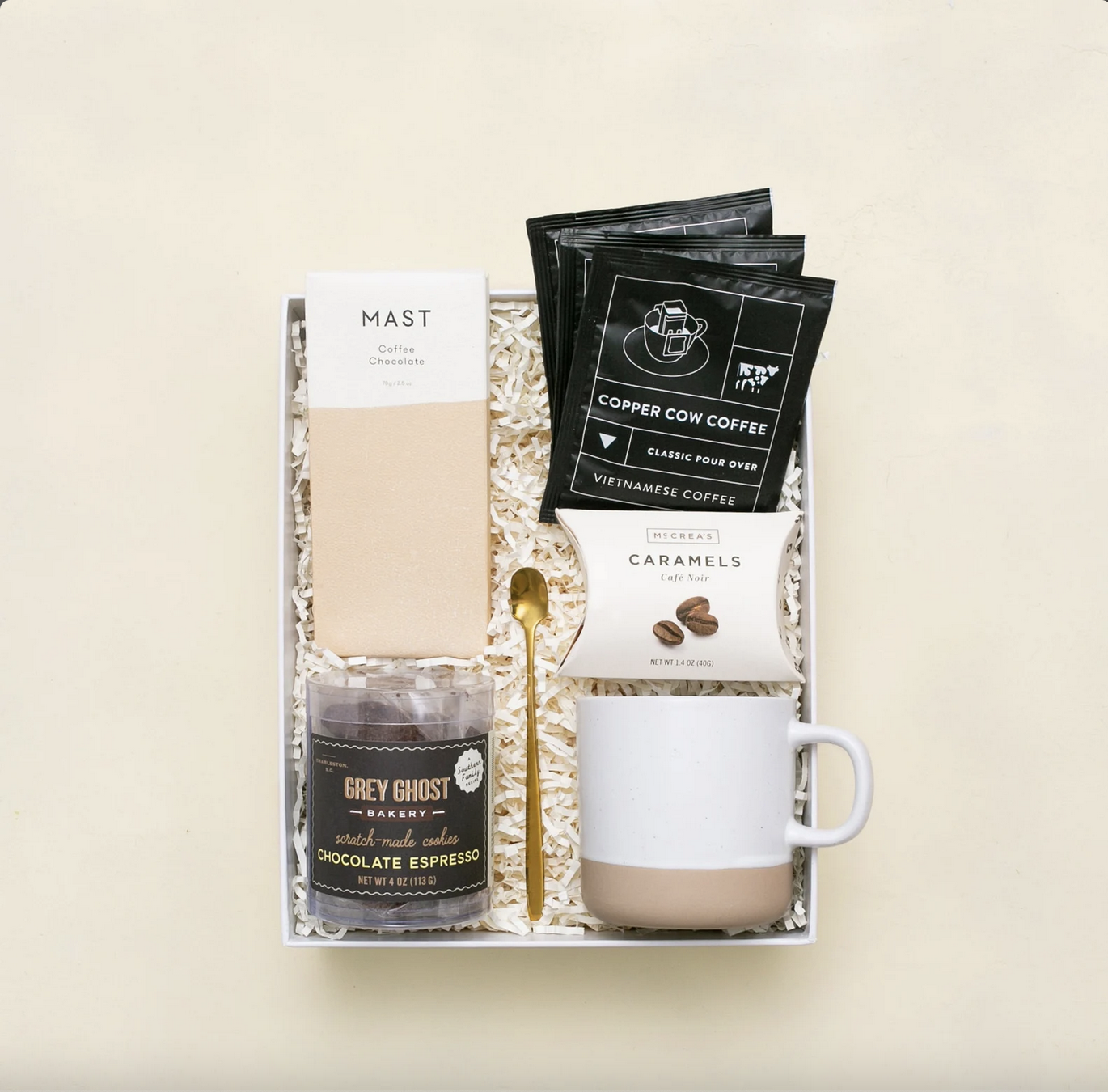 Box of coffee-related gifts.