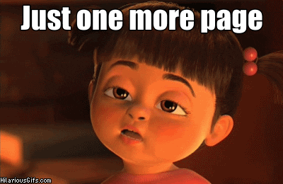 A girl blinking sleepily with a banner saying, "Just one more page."