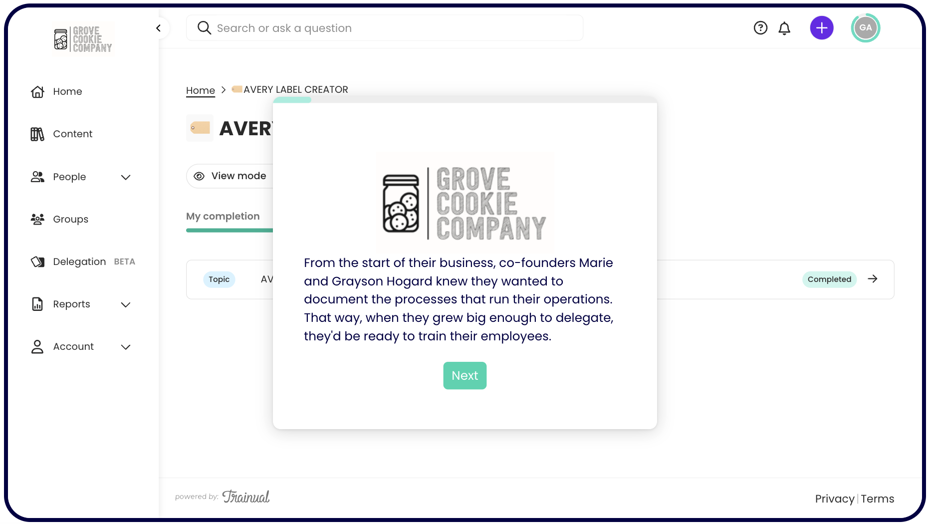 Grove Cookie Company Trainual account
