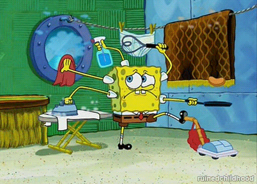 An animated sponge doing five chores at once.