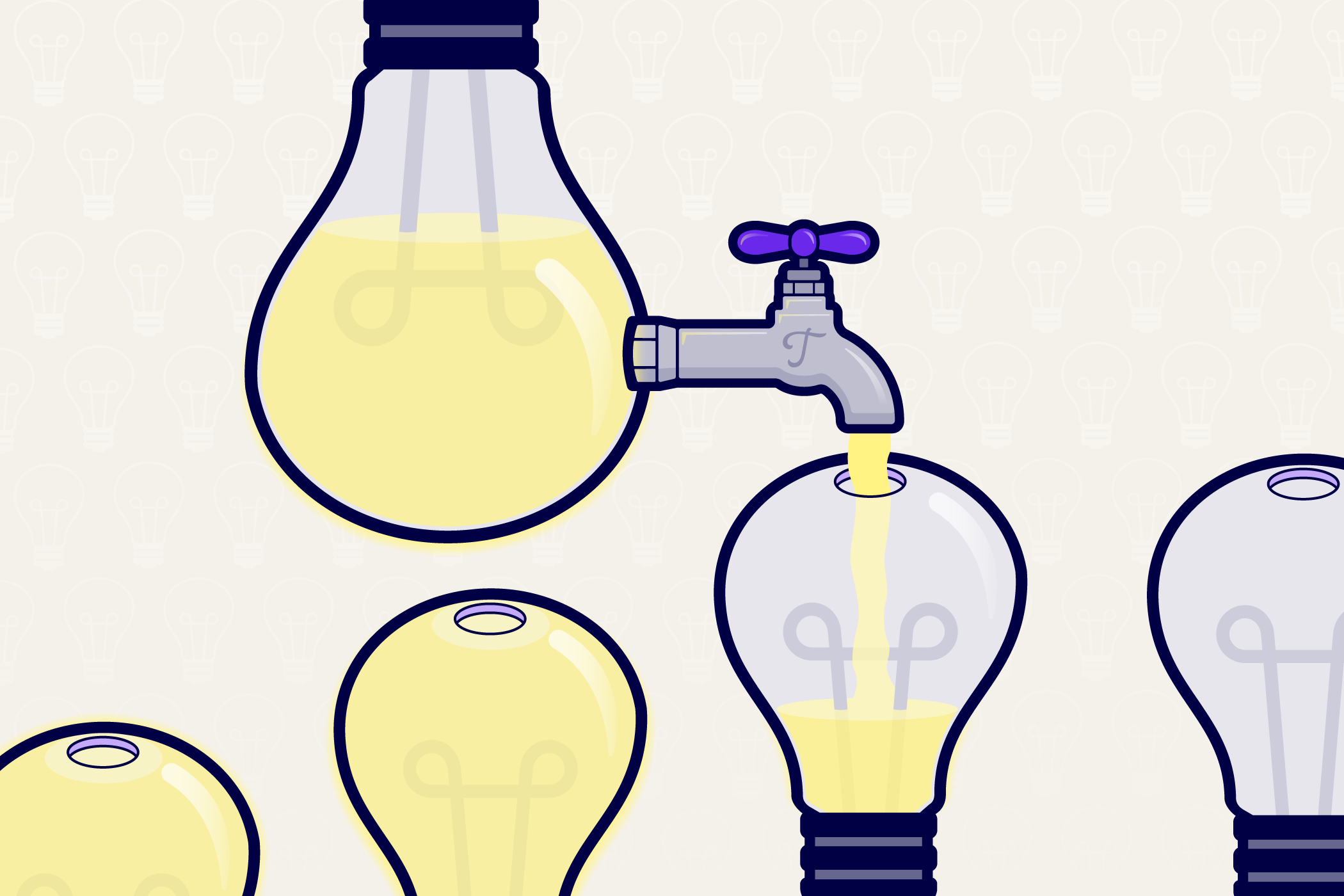 Liquid pouring through spout from one lightbulb to another.