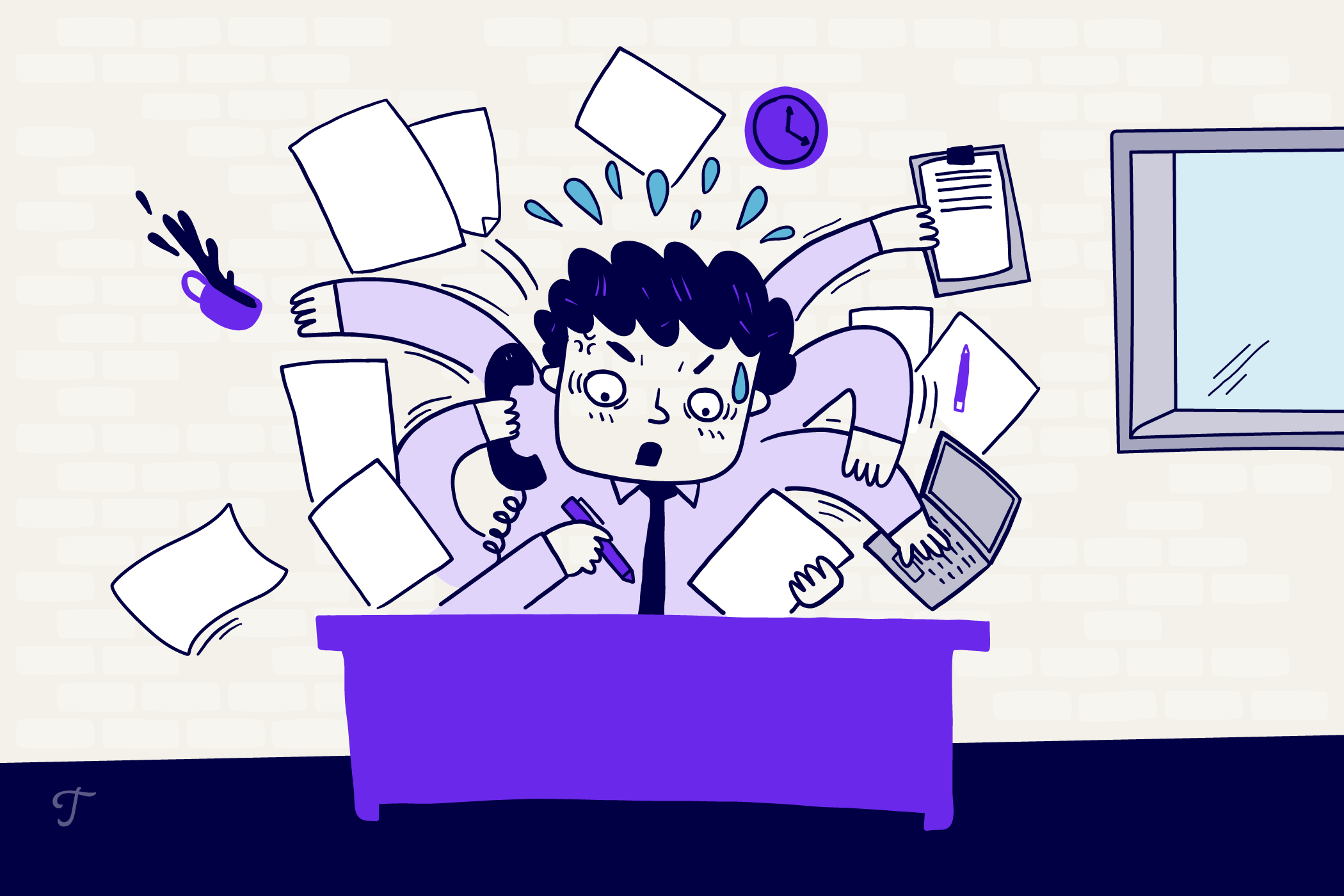 A man frantically trying to do five things at once.