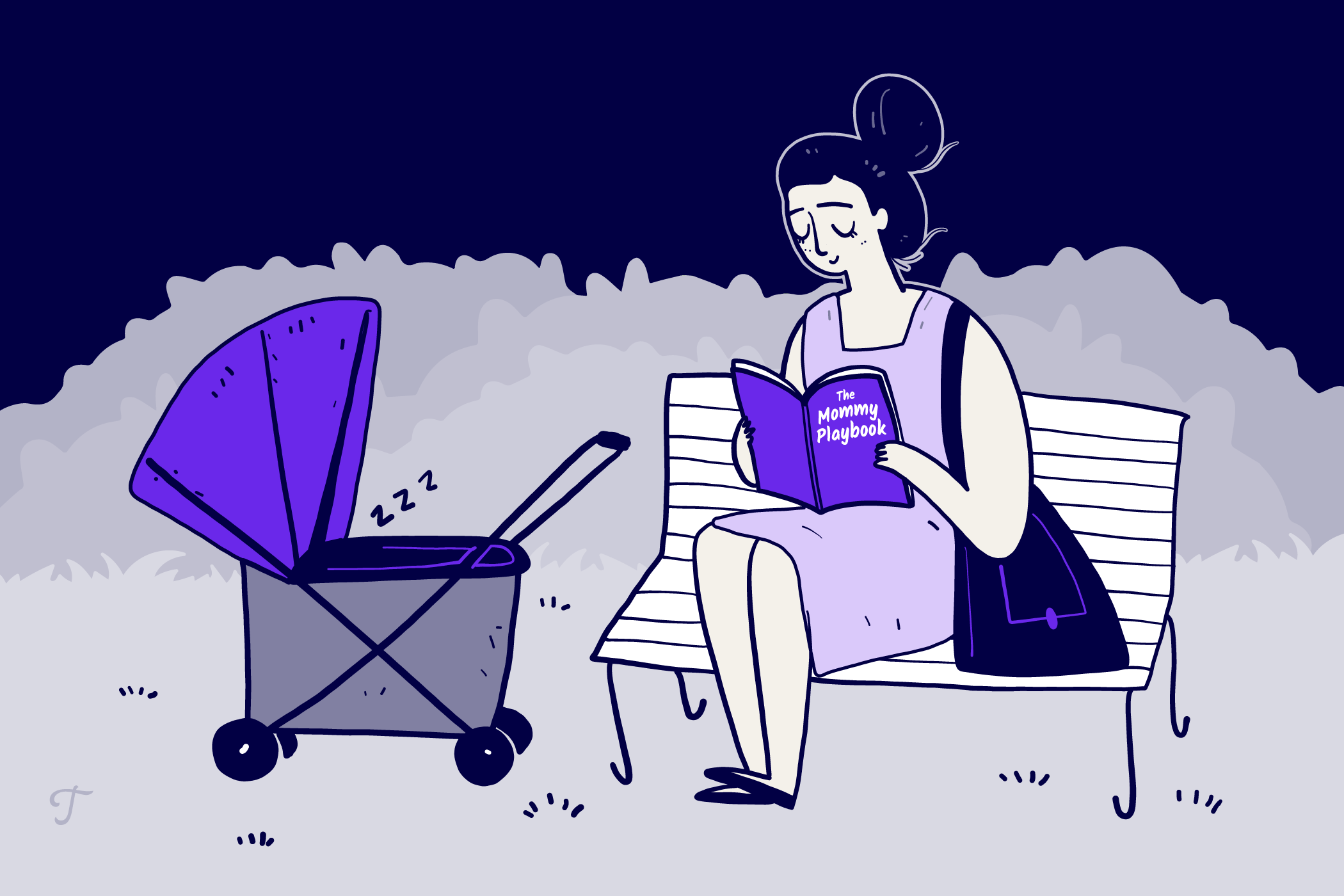 A woman reading "The Mommy Playbook" with a stroller.