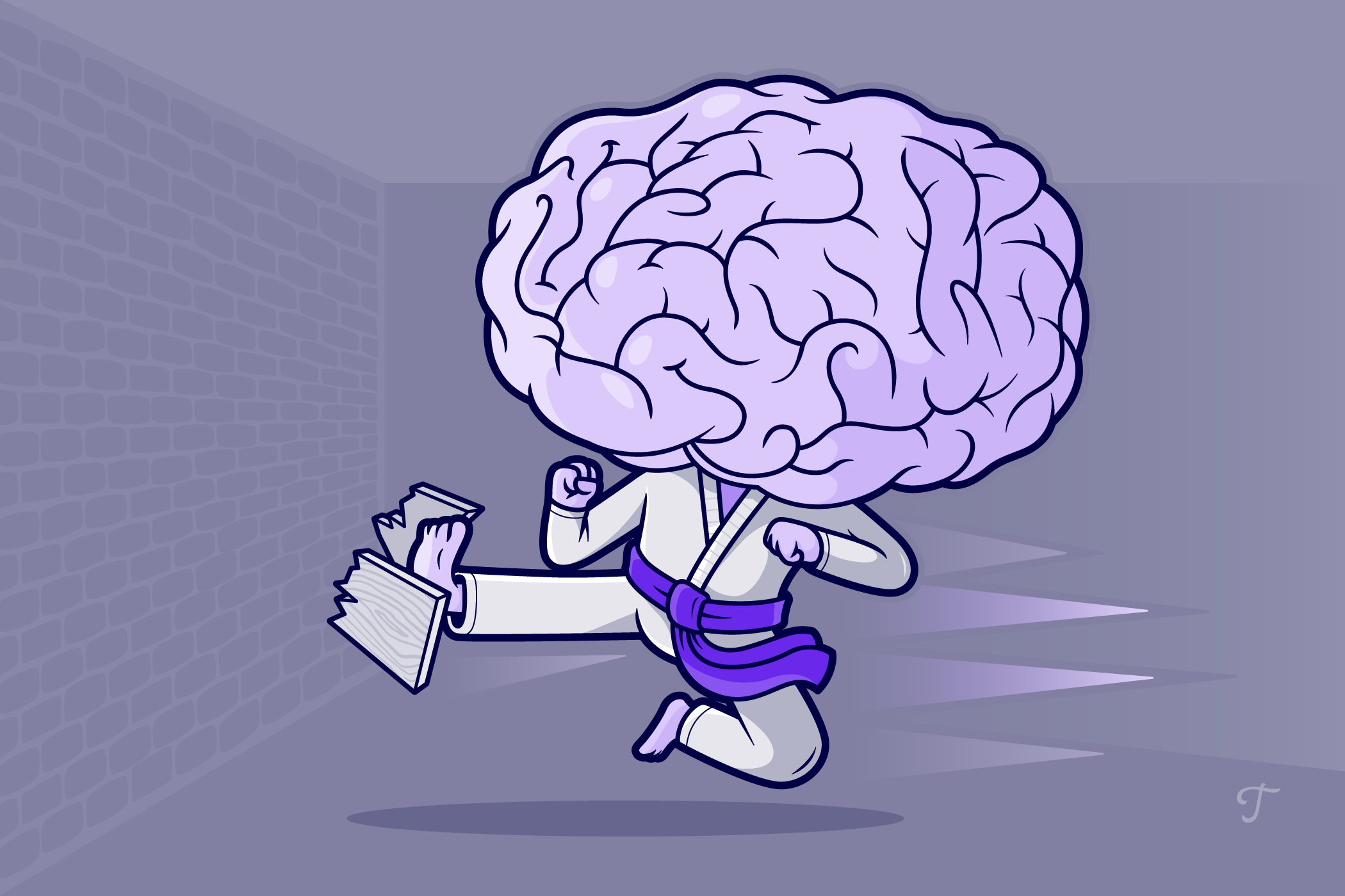 A brain wearing a karate costume kicking a wooden board in half.