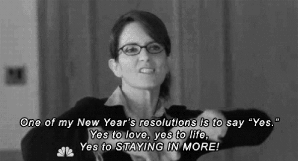 A woman saying, "One of my New Year's resolutions is to say 'Yes.' Yes to love, yes to life, yes to staying in more!"