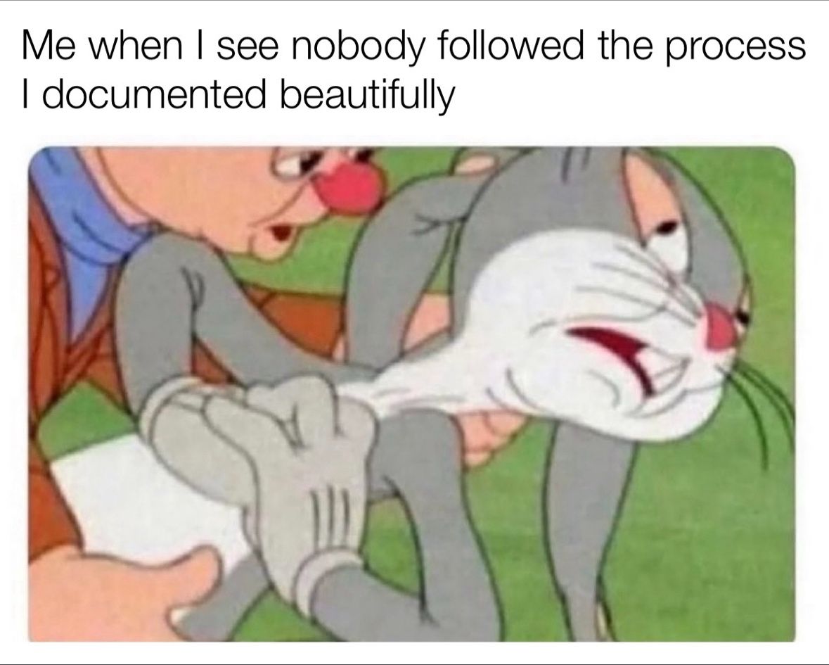 "Me when I see nobody followed the process I documented beautifully."