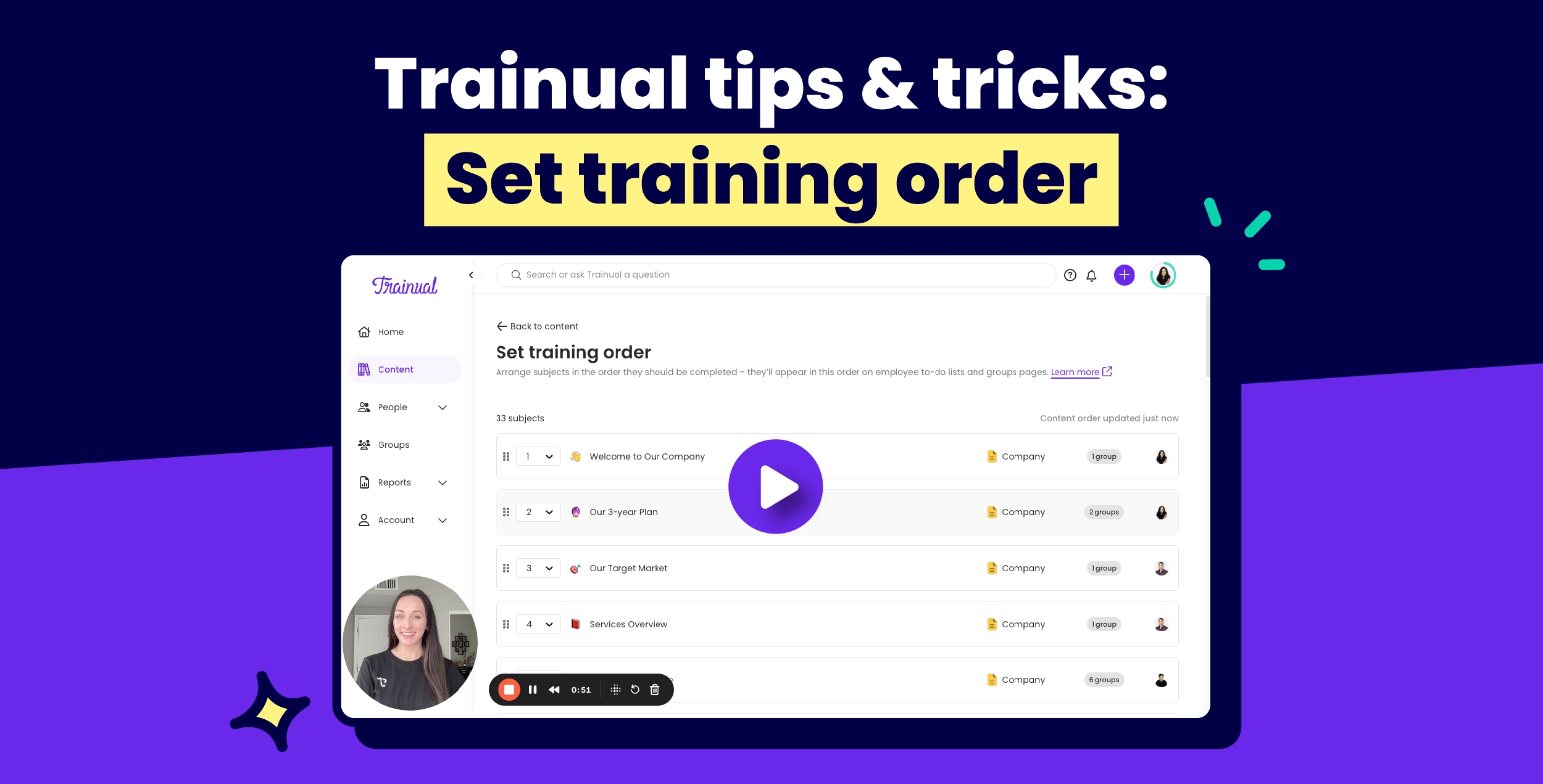 Trainual tips & tricks: Set training order video screenshot.