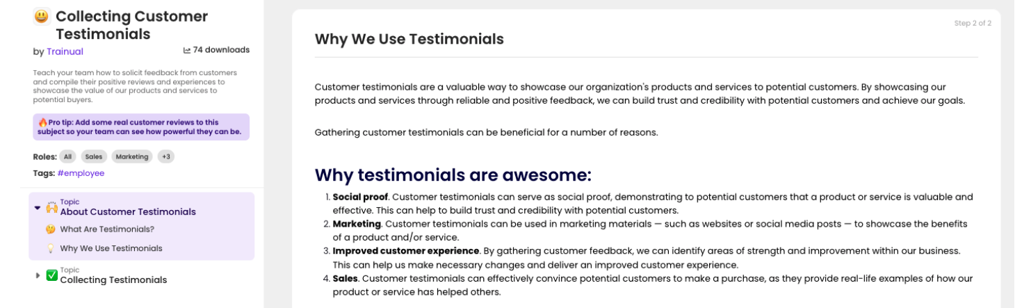 Collecting Customer Testimonials Process template from Trainual