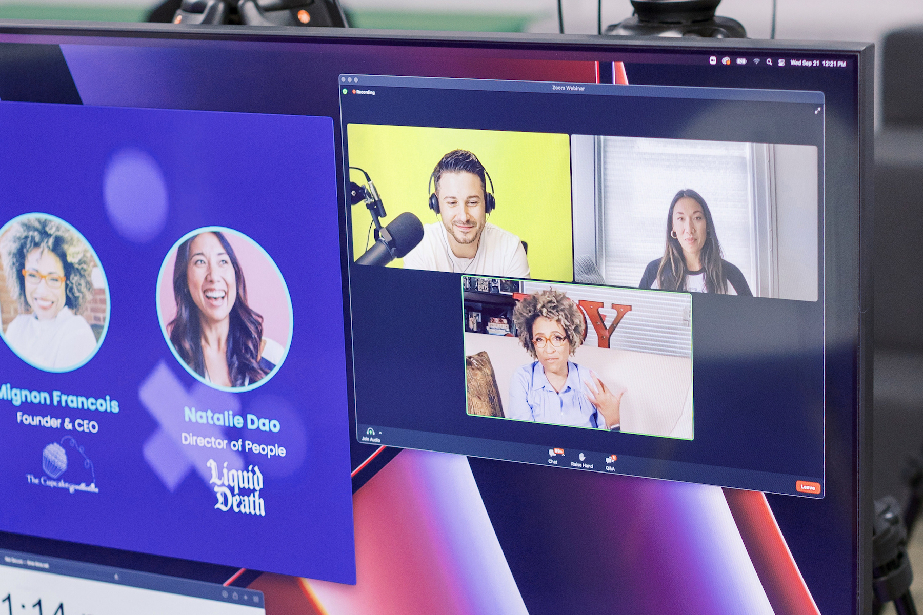 One man and two women on a Zoom call.