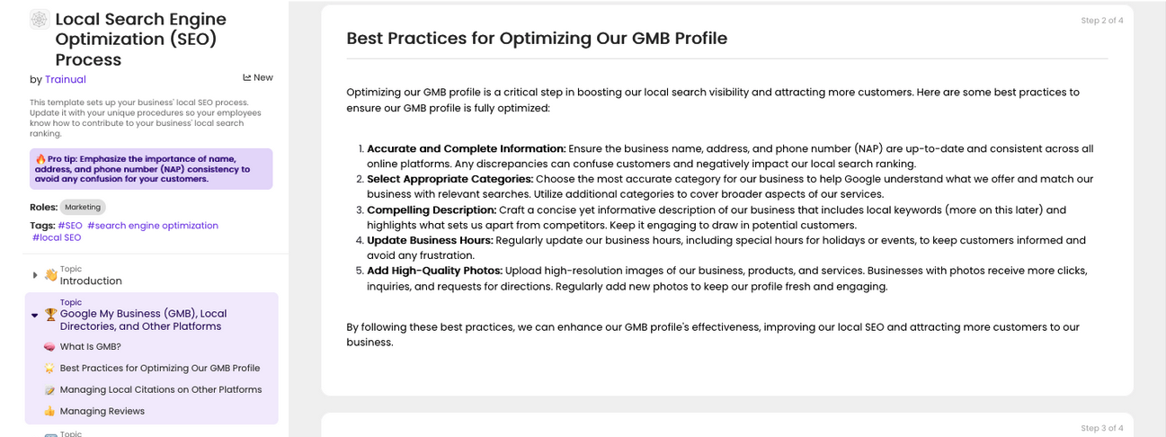 Local Search Engine Optimization (SEO) Process template from Trainual
