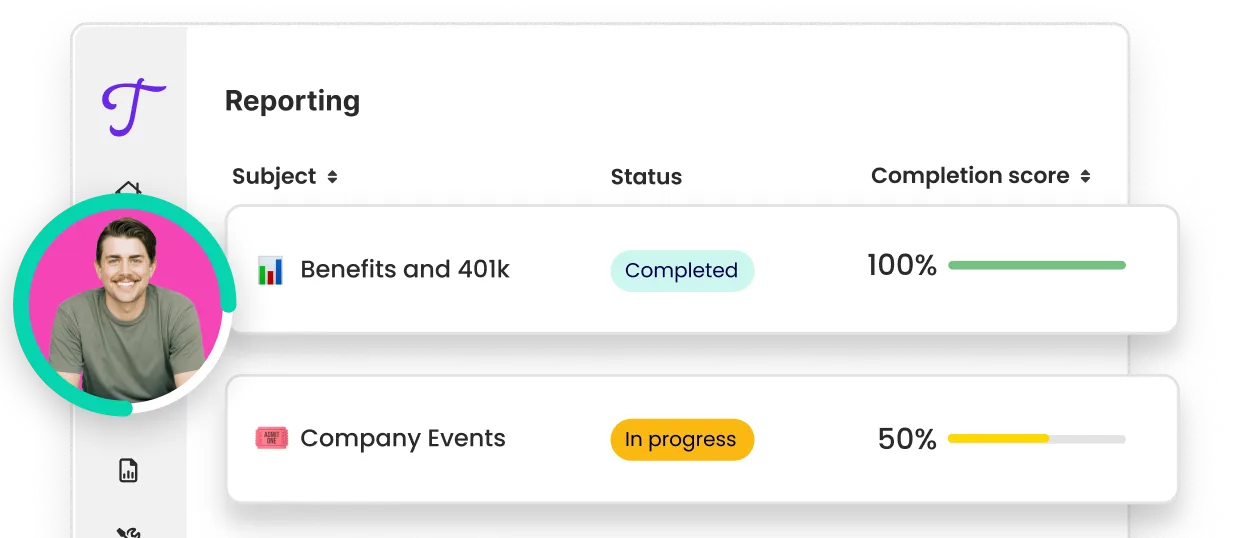 Dashboard showing onboarding training progress with a profile card of Taylor Sell, VP of Product, and a reporting table indicating 'Benefits and 401k' is 100% completed.