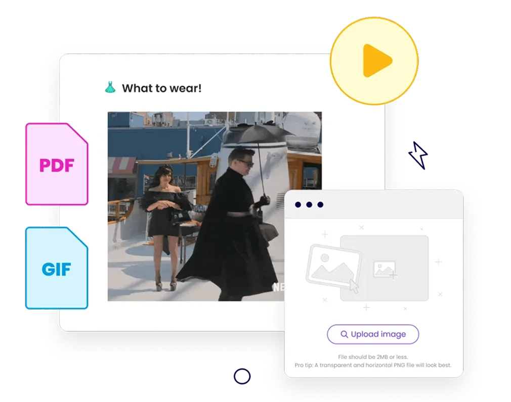 User interface screen showing a 'What to wear!' section with a GIF of two people dressed stylishly, and icons for PDF, GIF, video play button, and an image upload box.