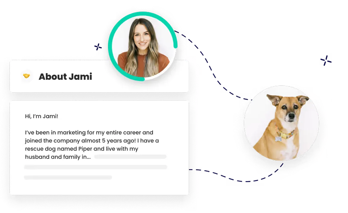 Profile card titled 'About Jami' showing a smiling woman with long hair and a text snippet mentioning her marketing career and rescue dog named Piper, connected by dotted lines to a photo of a tan and white dog wearing a collar.