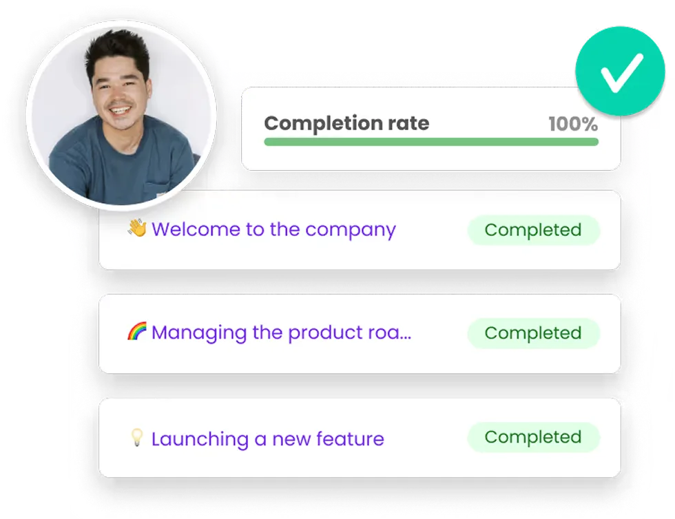 Profile photo of a smiling man with progress bars showing 100% completion rate and three tasks titled 'Welcome to the company,' 'Managing the product roadmap,' and 'Launching a new feature,' each marked as completed.