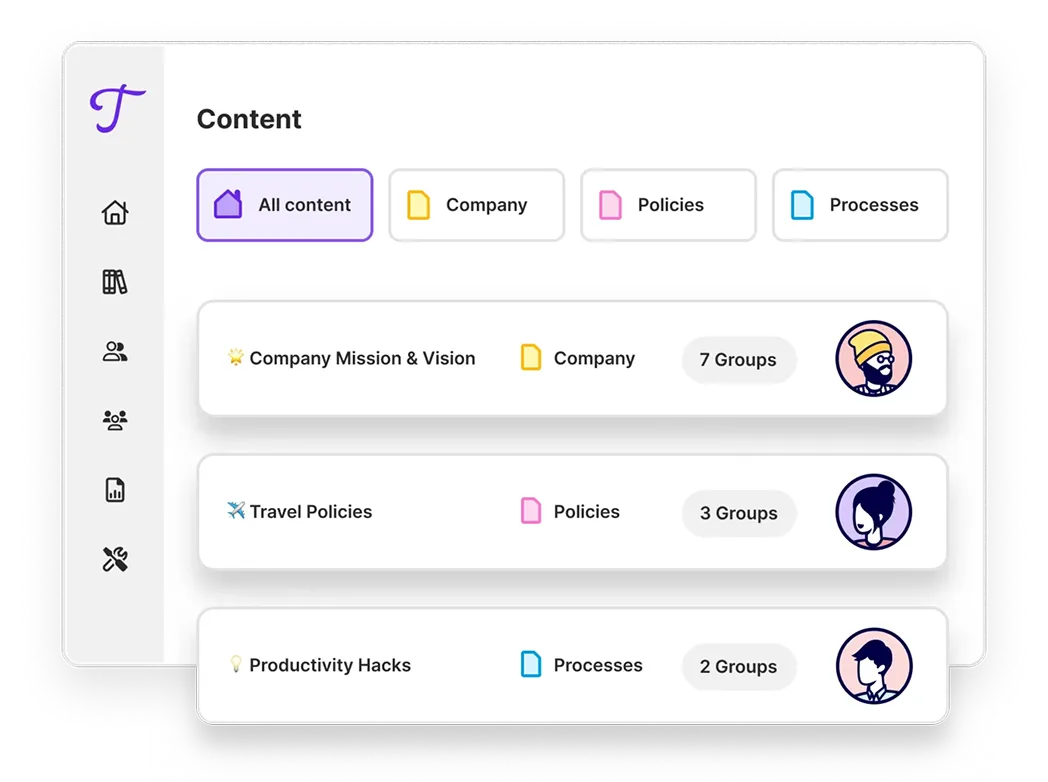 User interface showing a content management panel with tabs for All content, Company, Policies, and Processes, and three content items listed with icons, categories, group counts, and user avatars.