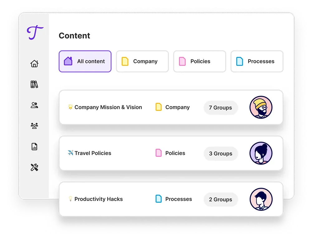 Interface showing content categories: All content, Company, Policies, Processes, with example entries including Company Mission & Vision, Travel Policies, and Productivity Hacks, each linked to groups and user avatars.