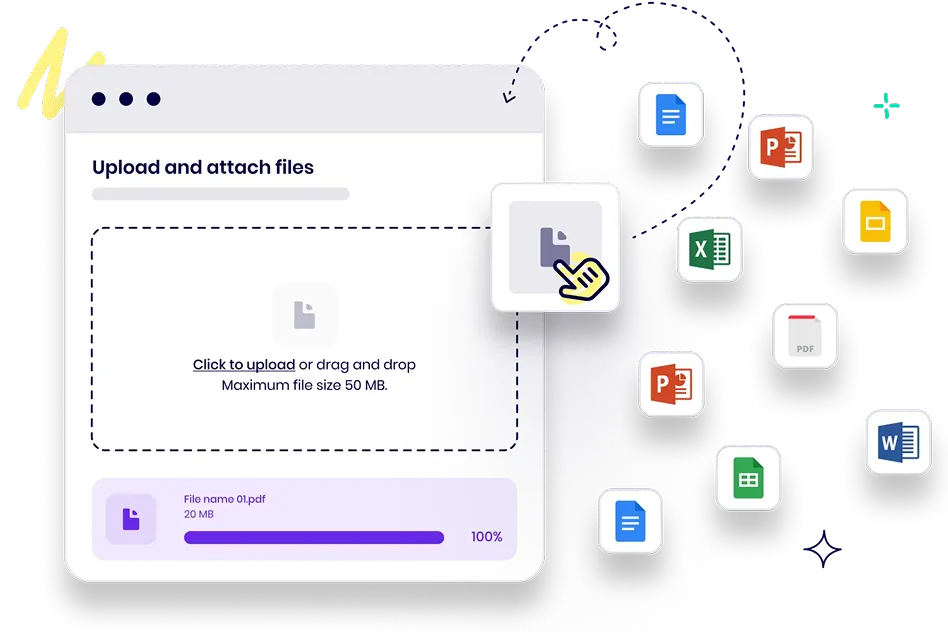 File upload interface showing a drag-and-drop area with a progress bar at 100%, surrounded by icons of various document types including PDF, Word, Excel, PowerPoint, and Google Docs.