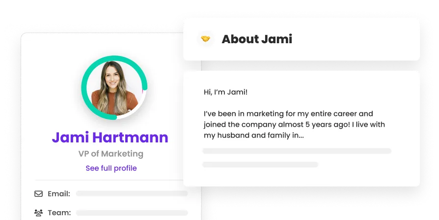 Profile card of Jami Hartmann, VP of Marketing, with a circular photo of a smiling woman with long hair, and a text box titled About Jami describing her marketing career and family life.