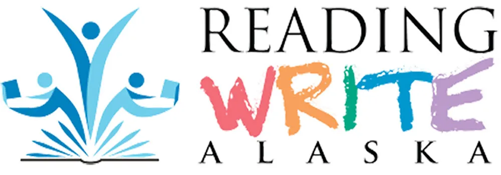 Logo with three blue figures holding books emerging from an open book, next to the text 'READING WRITE ALASKA' with 'WRITE' in colorful brushstroke letters.