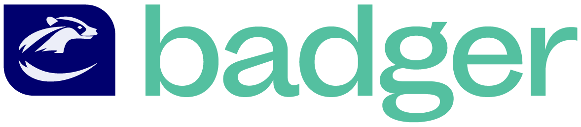Graphic logo combining a stylized white badger head inside a blue rounded square with the word 'badger' in lowercase teal letters.