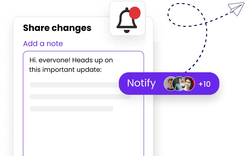 Notification interface showing a note to share changes with a red alert bell and notify button with user avatars.