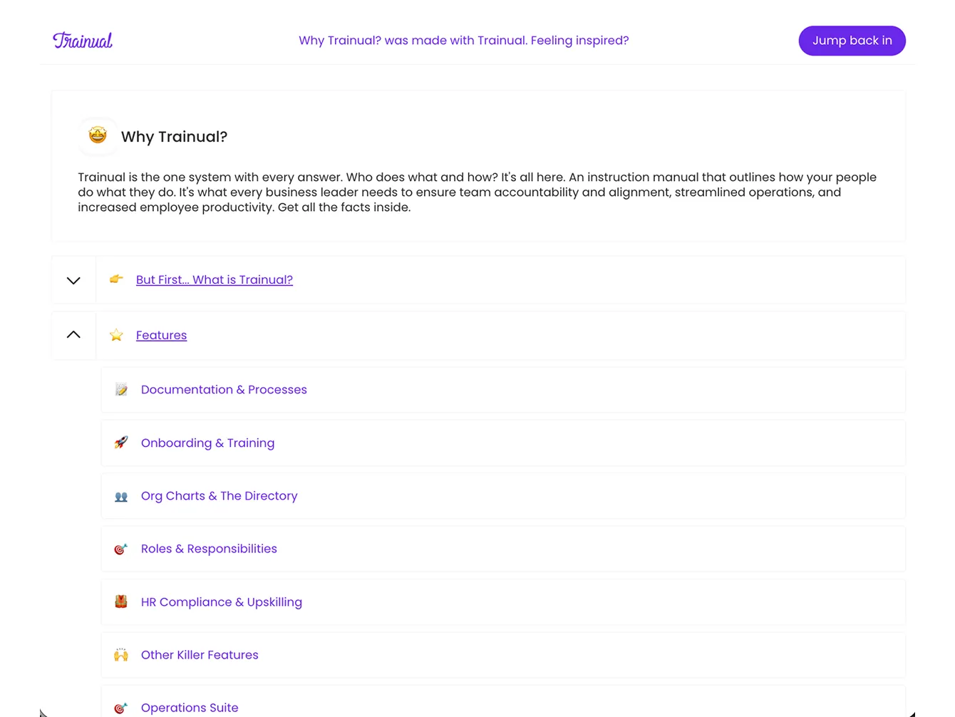 Trainual FAQ page showing features like Documentation, Training, Org Charts, Roles, HR, and Operations.