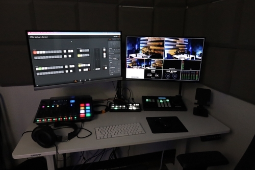 Video switchers and audio gear in creative space that is available for rent