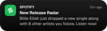 Spotify-Benachrichtigung für New Release Radar mit Billie Eilish und 8 weiteren Künstlern.