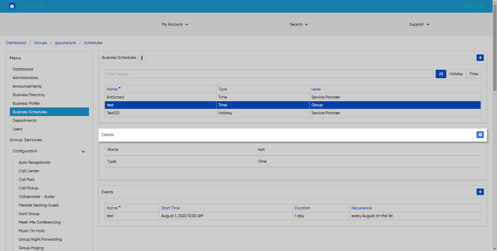 business schedule details