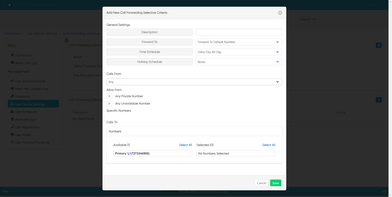 add new call forwarding selective criteria