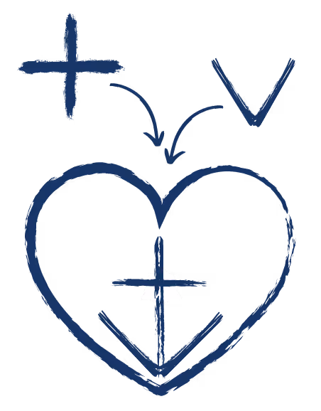 symbol of resolved issue being anchored into heart with virtue, where a V symbol attaches to the Cross at the bottom to form an anchor symbol within the heart symbol