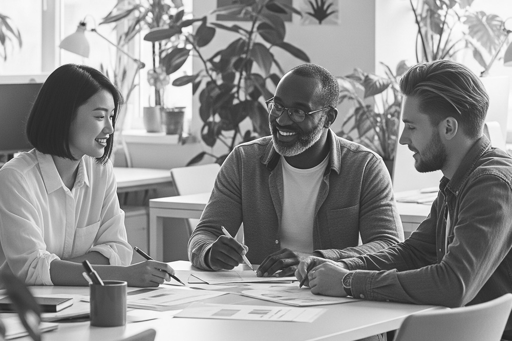 Three happy employees sitting at a table in a modern office setting discussing paperwork.