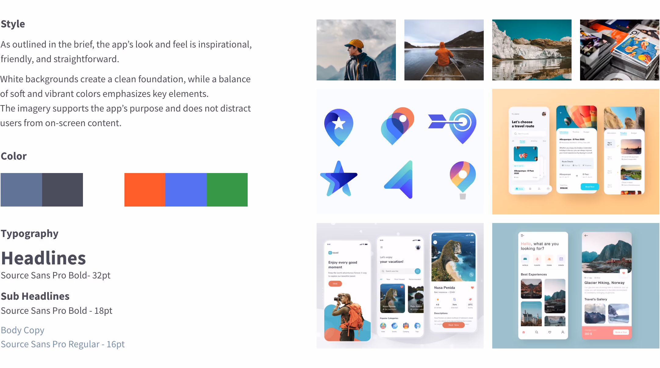 Vibrant mood board for Spotly featuring mobile UI screens, colors, and typography.