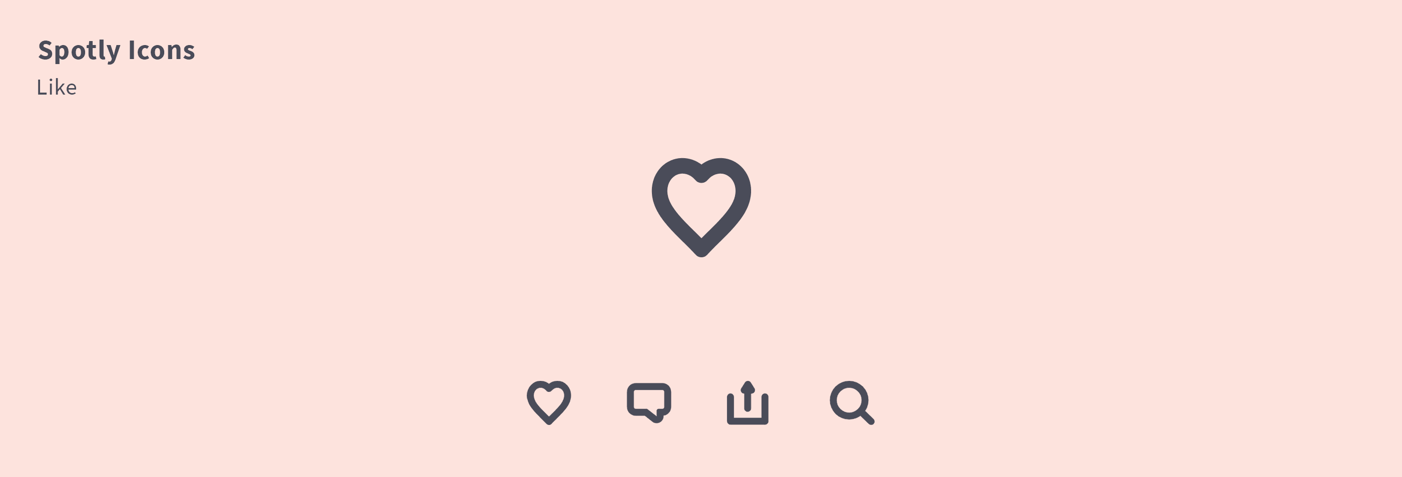 Looping animation of the Spotly interface icons for like, comment, share, and search.