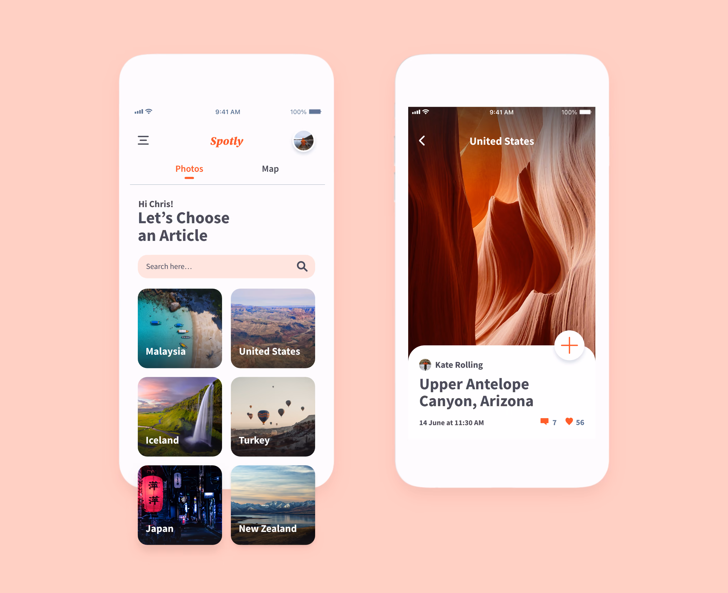 Mobile phone mockups displaying the destinations and a specific destination article screen.
