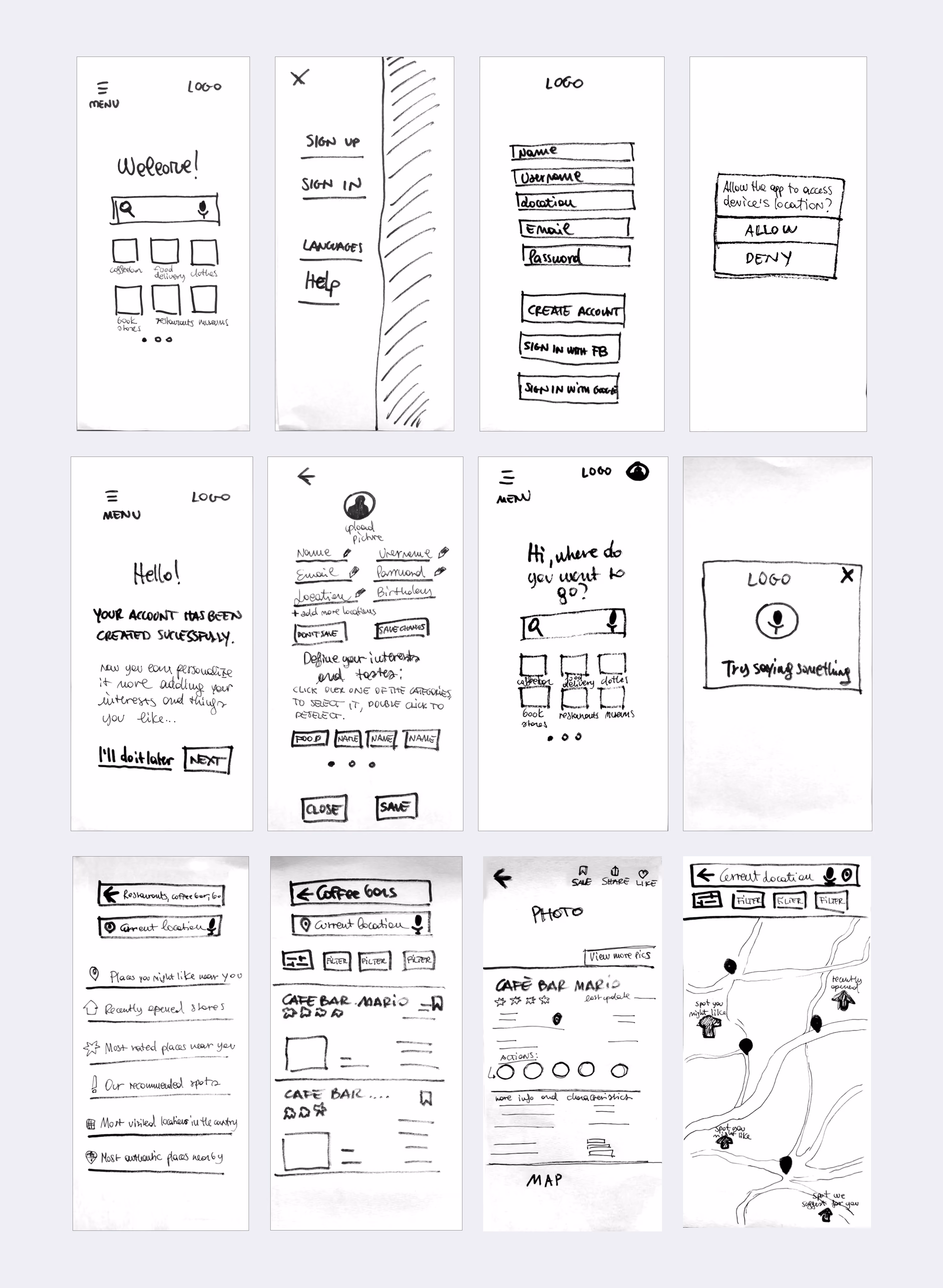 Prototype screen, low-fidelity wireframes showcasing the first iteration.