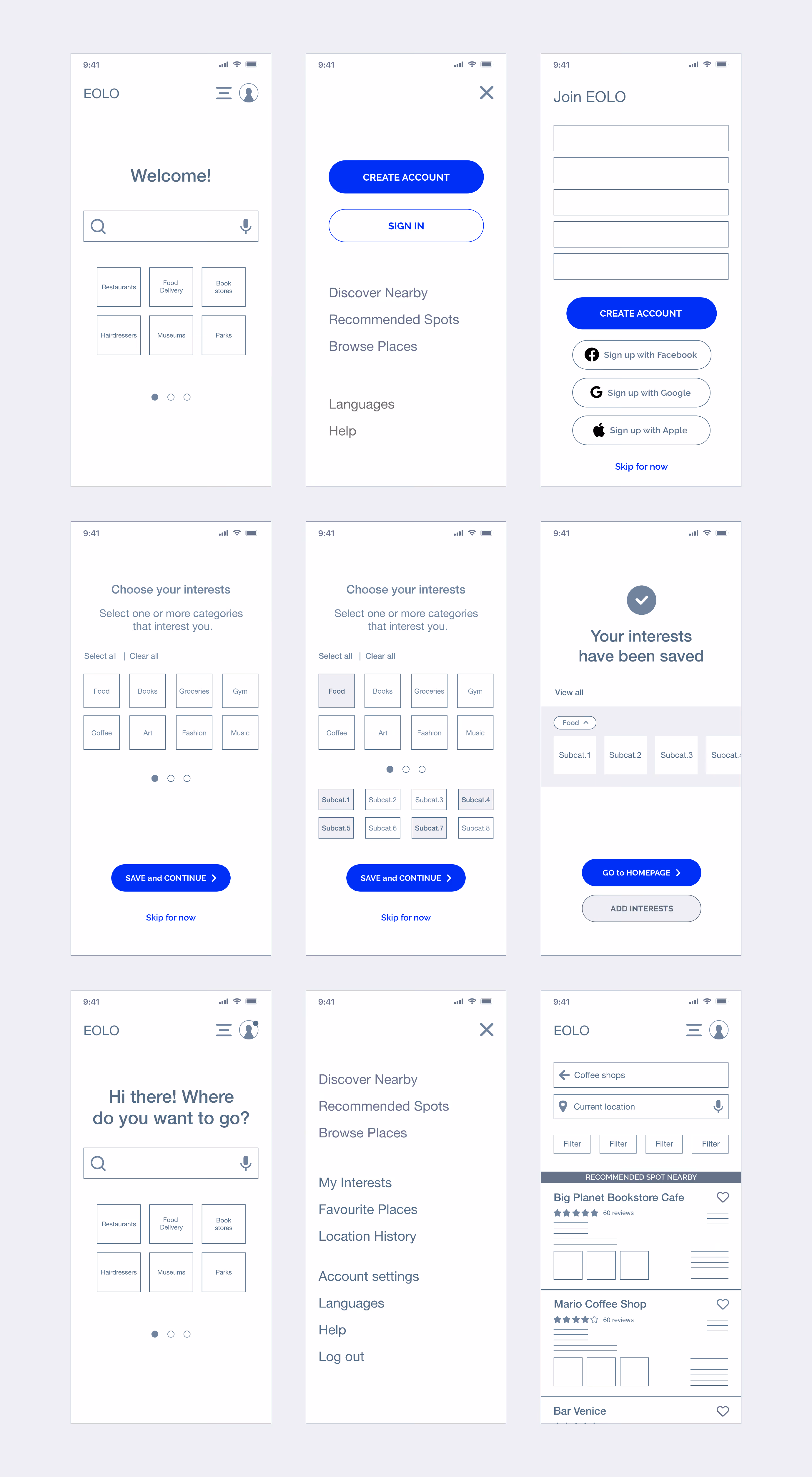 scroll image - Mid-fidelity wireframes showcasing user sign-up and interest personalization screens.