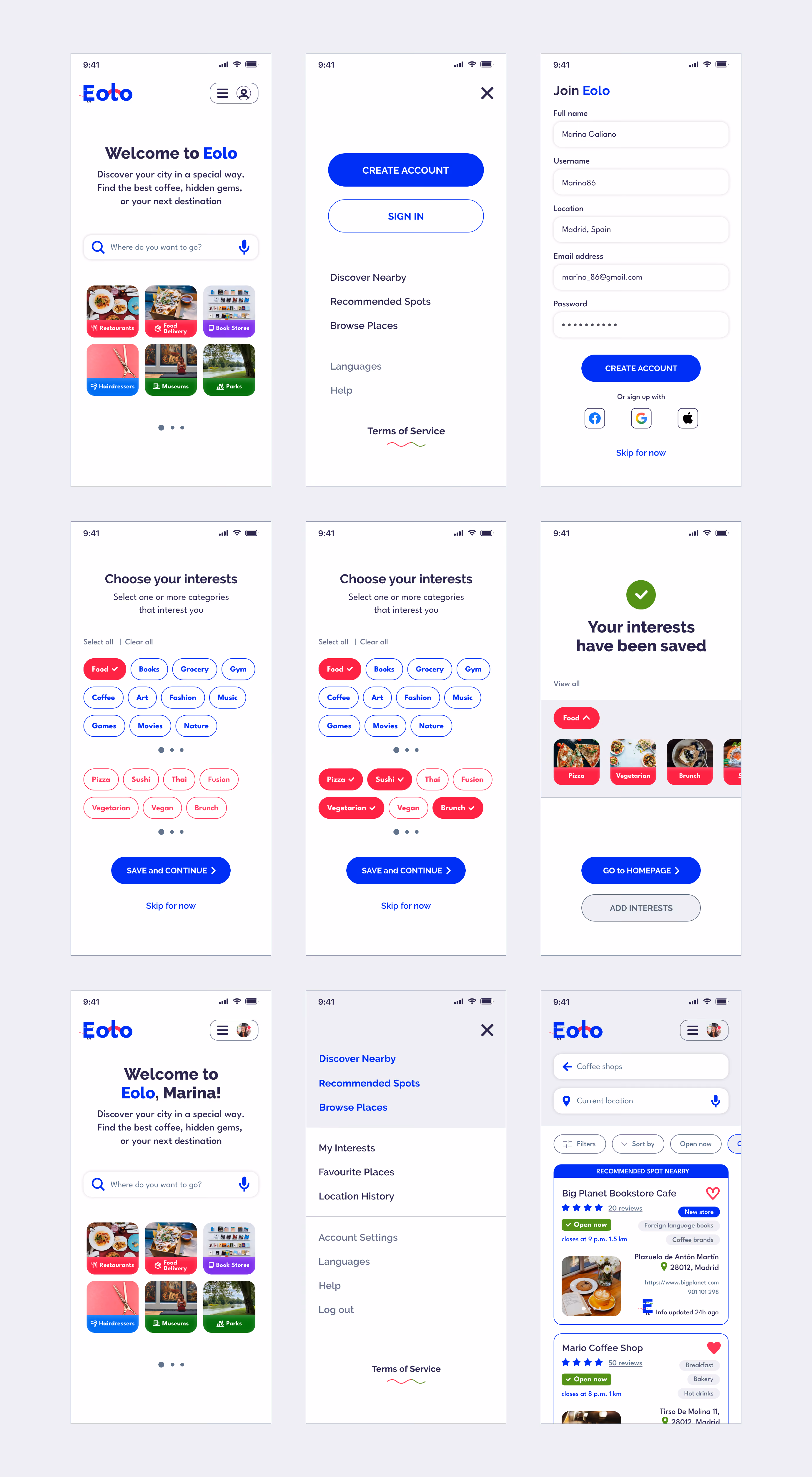 scroll image - High-fidelity wireframes showcasing user sign-up and interest personalization screens.