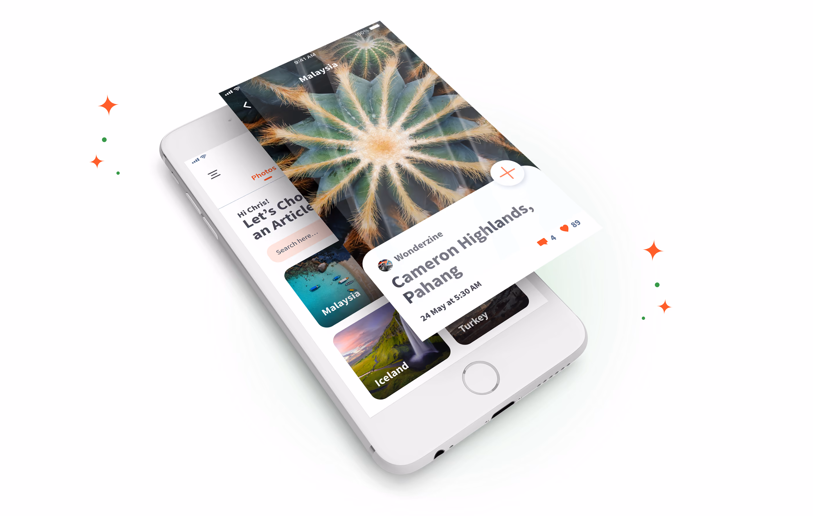 Mobile phone mockup displaying the destinations and a destination article screen