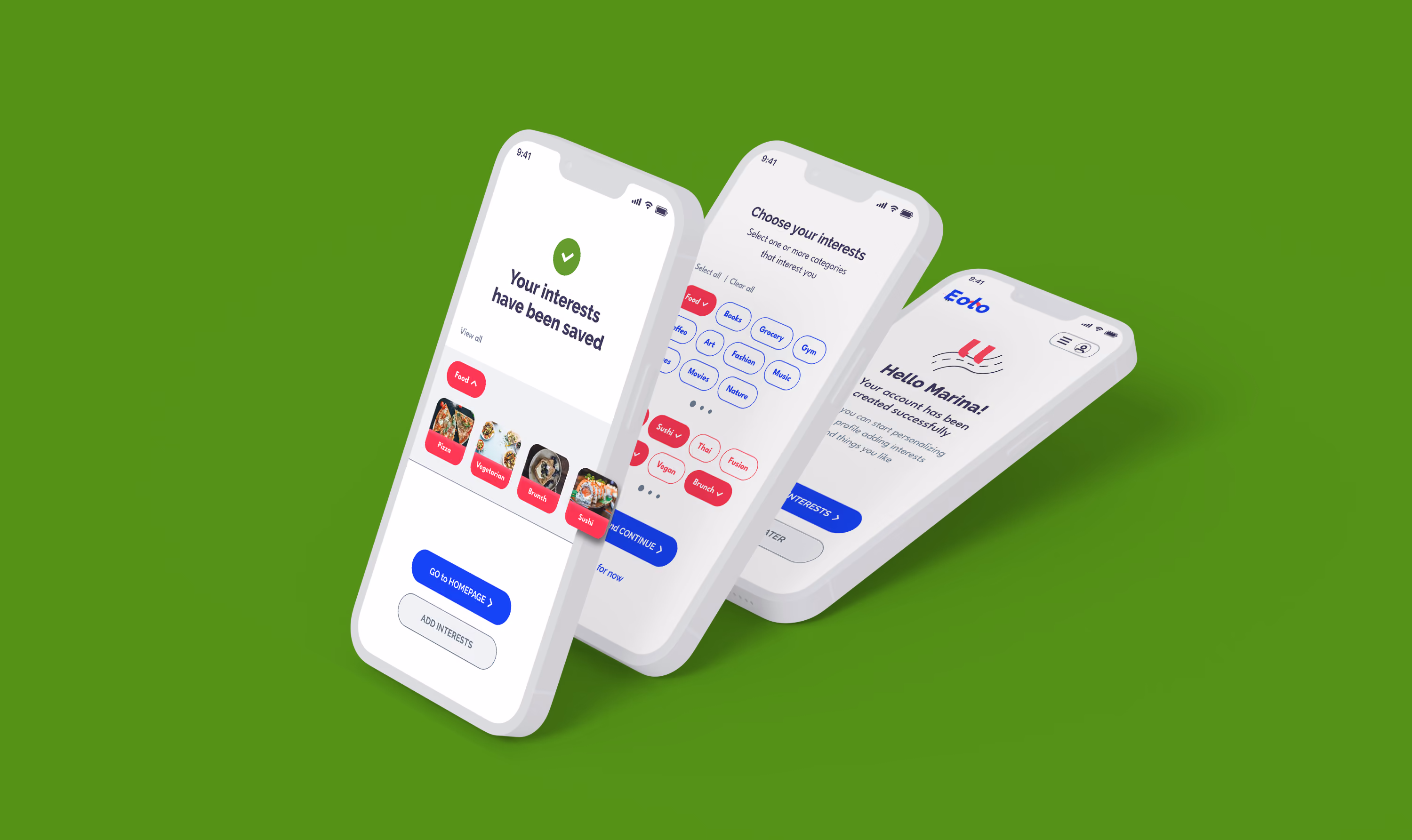 Isometric high-fidelity UI design mockups showcasing interest personalization process on mobile.