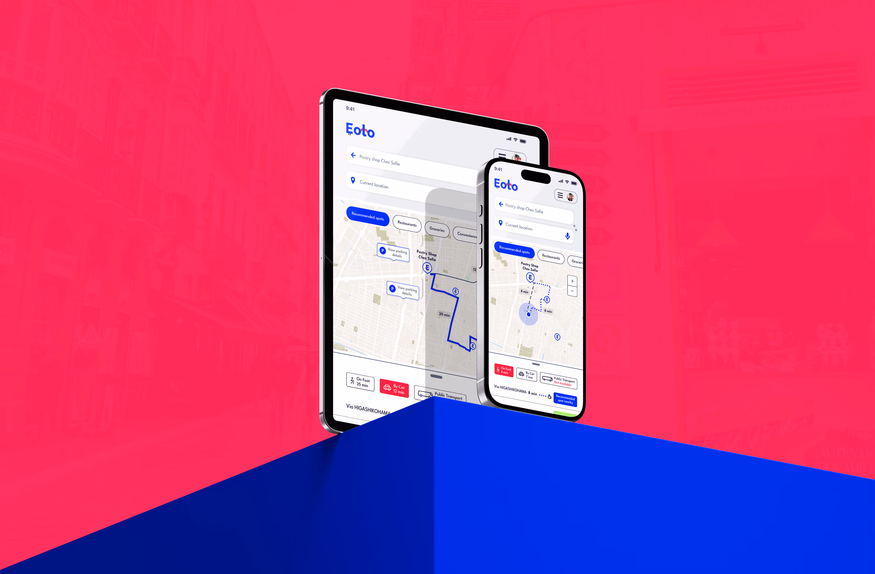 Isometric high-fidelity UI layout mockups displaying a map with step-by-step navigation routes.