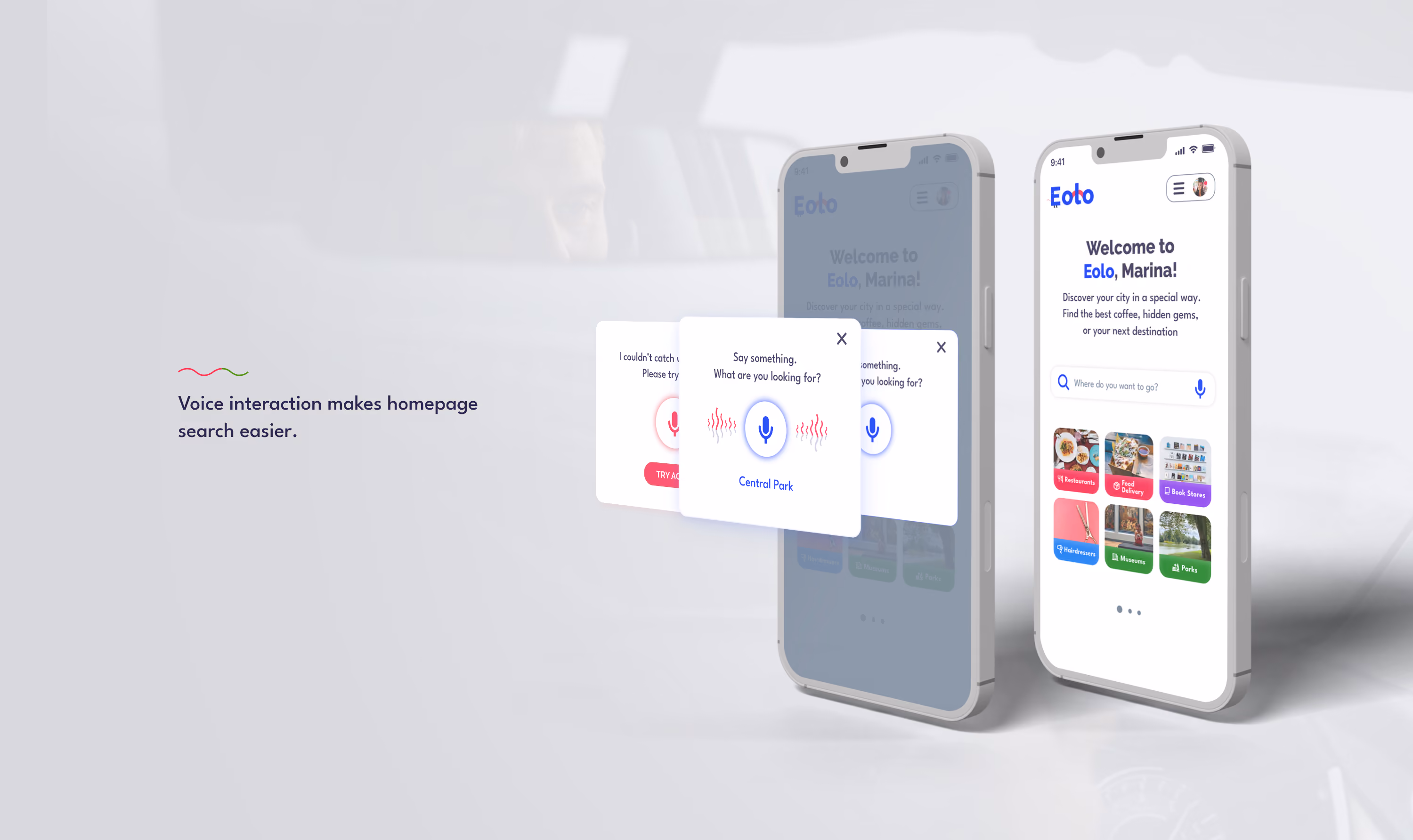 Isometric high-fidelity UI design mockups showcasing VUI feature on mobile.