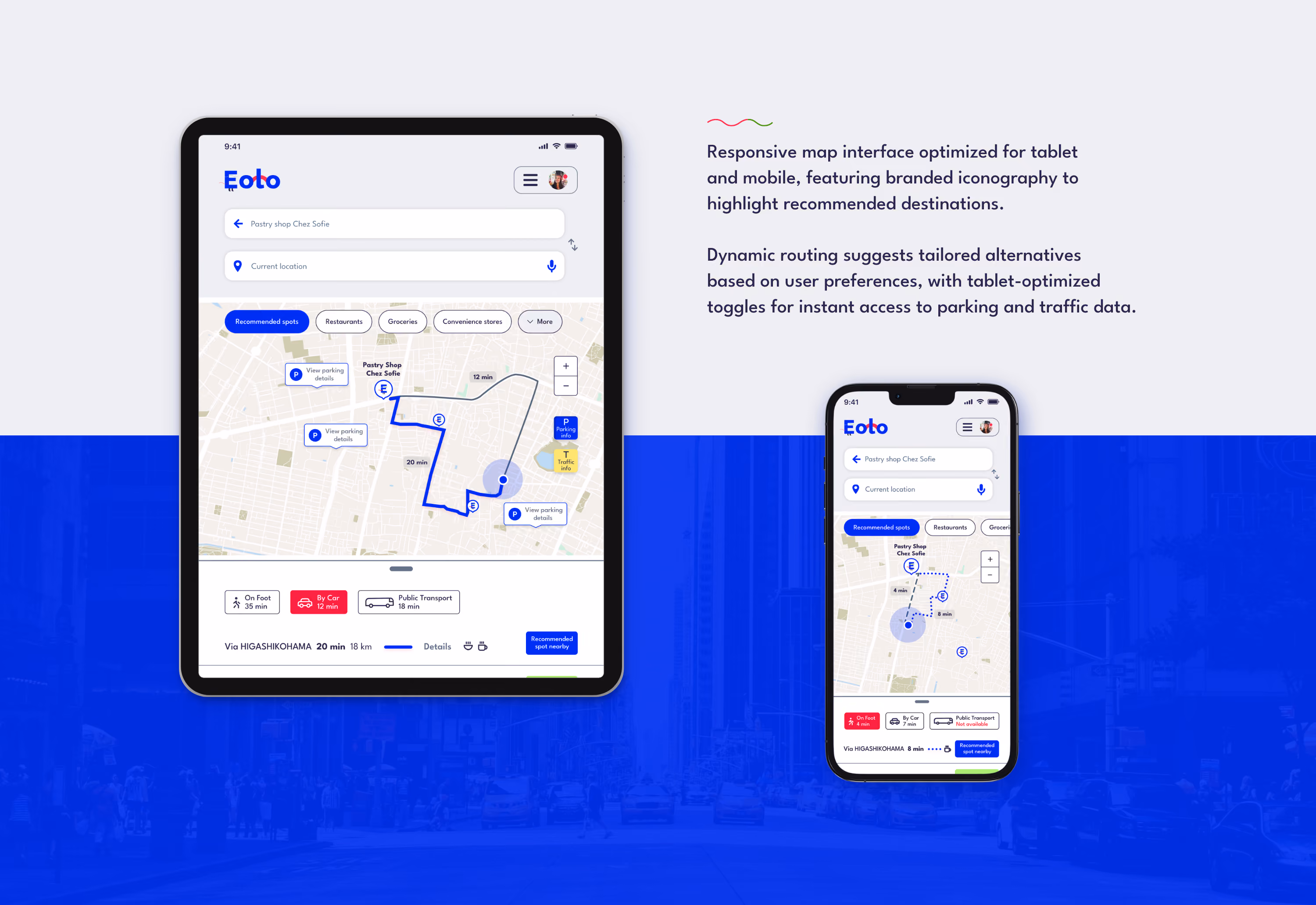 Flat UI mockups displaying maps with step-by-step navigation routes for walking and driving.