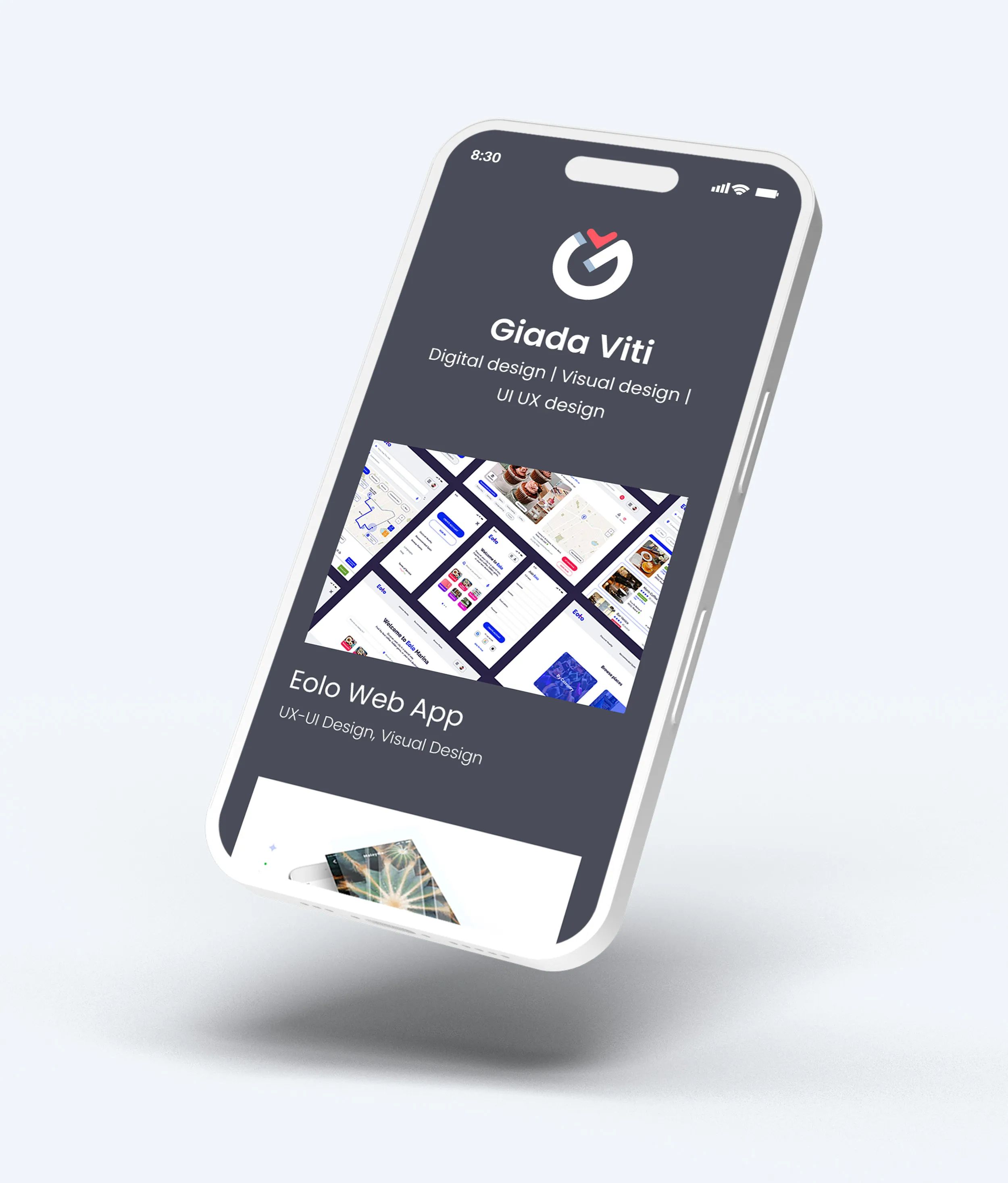 A phone floating showing a portfolio homepage.