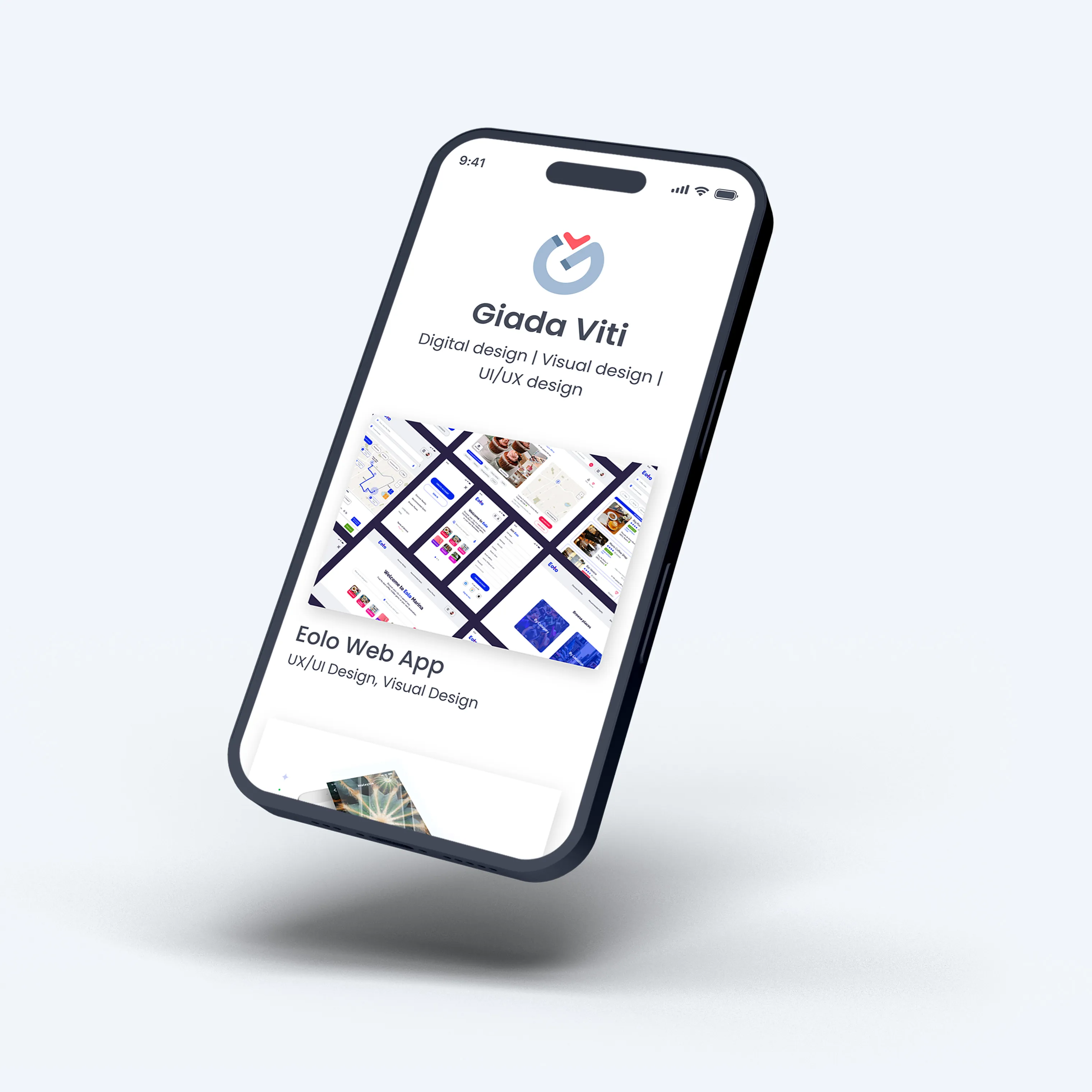 A floating phone showing a portfolio homepage.