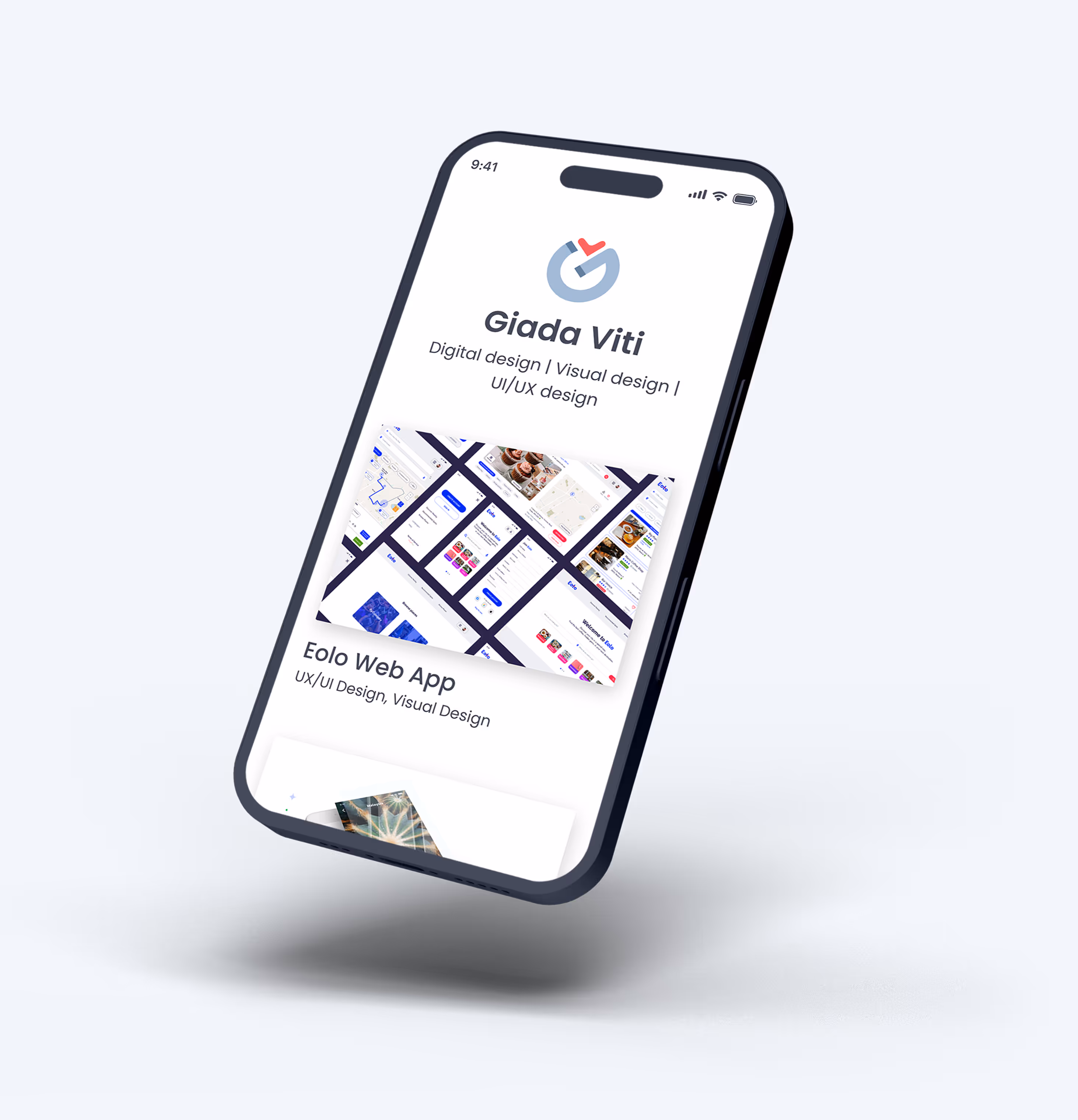 Mockup of a phone showing a portfolio page.