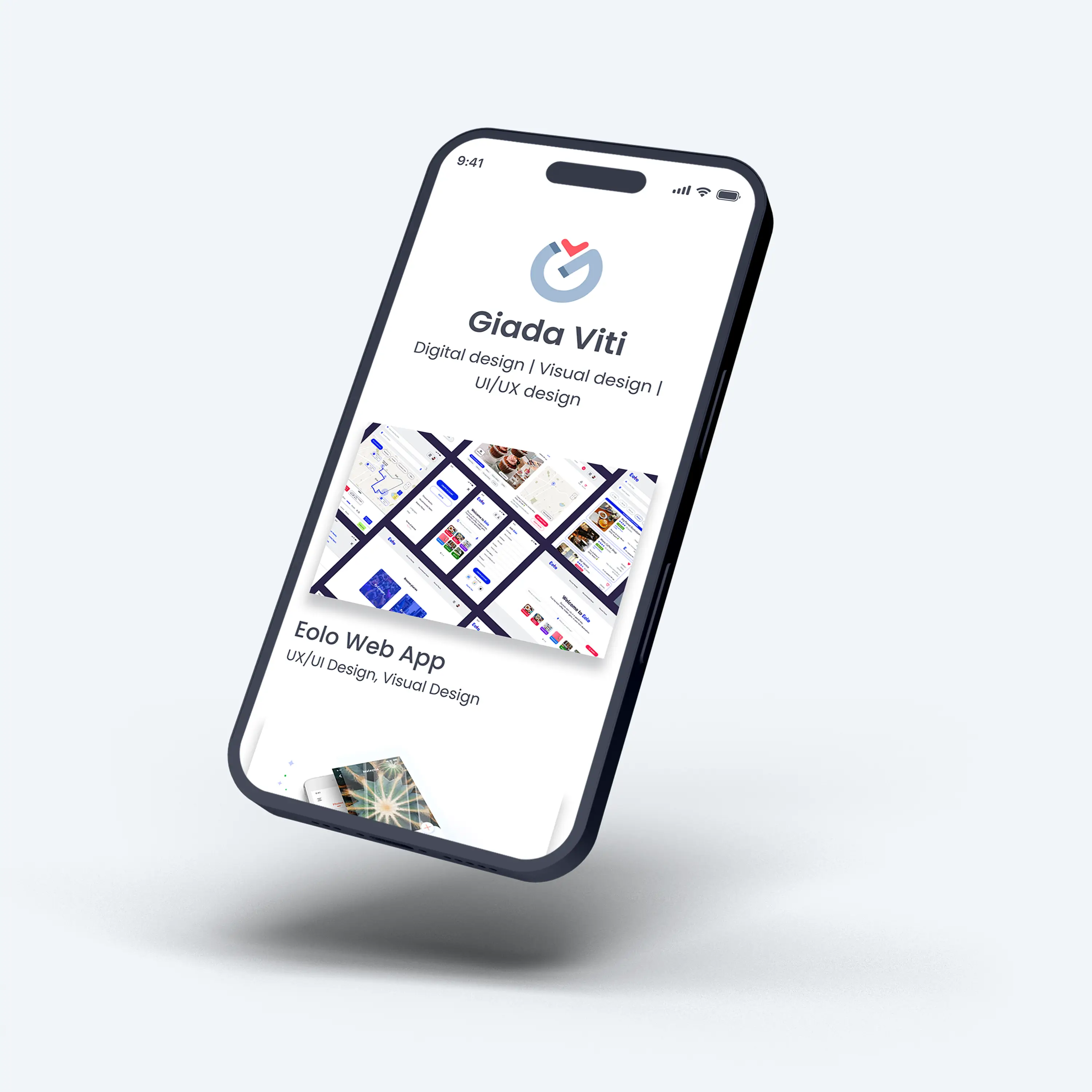 Mockup of a phone showing a portfolio page. 