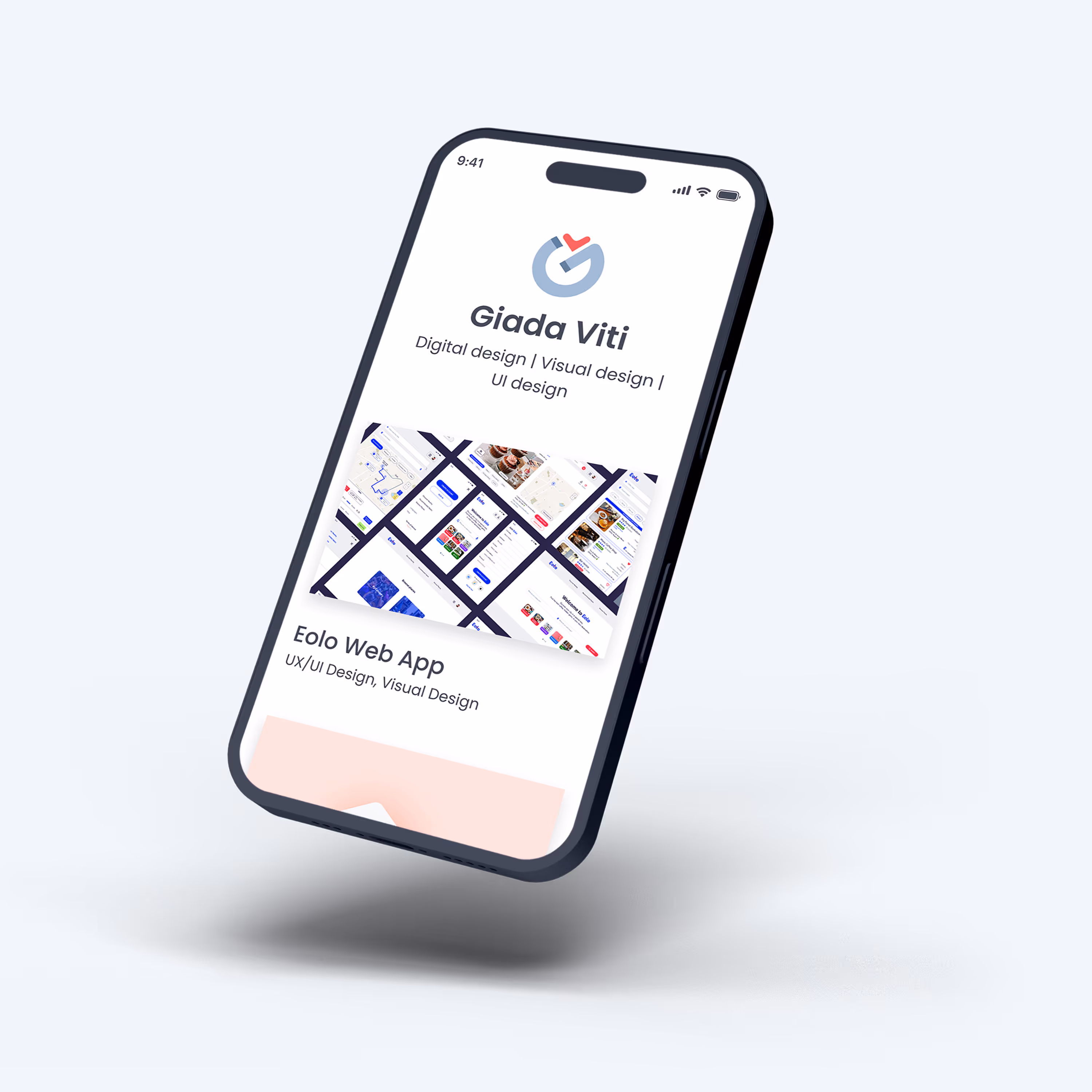 Smartphone floating, showing a portfolio page