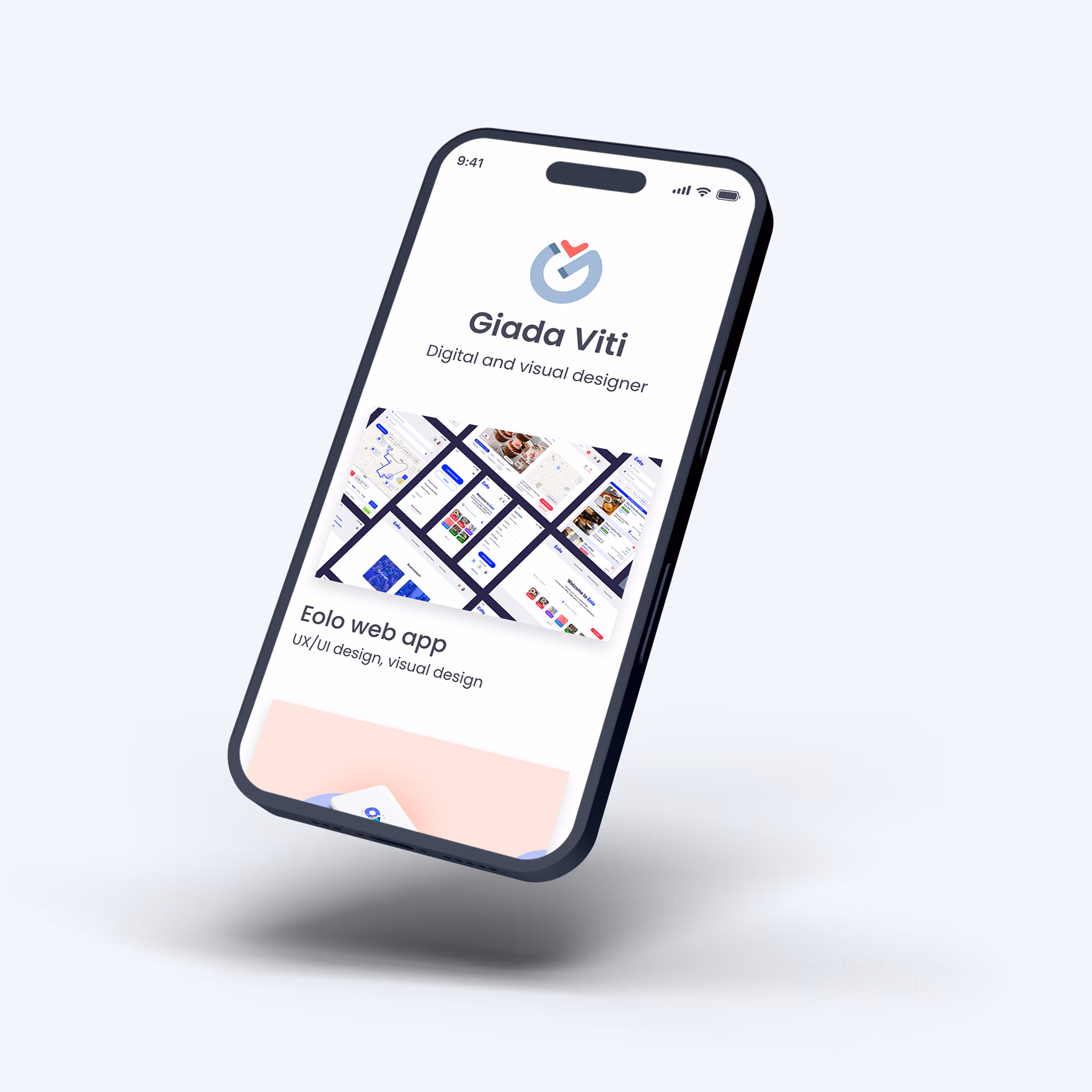 Smartphone floating, showing a portfolio page